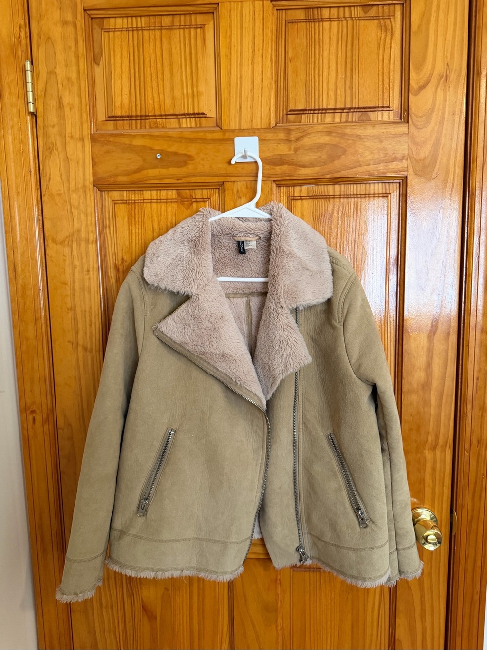Classic Tan Faux-Shearling Biker Jacket - Women